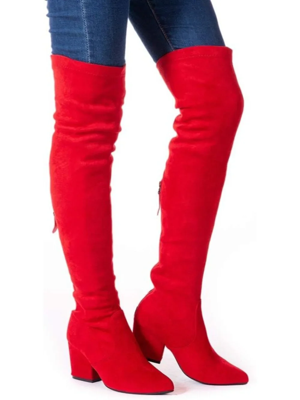 Women's Red Pointed Toe Chunky Block Heel Over The Knee High Boots